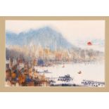 A CHINESE WATERCOLOUR PAINTING. 1981. Signed Wai Lin, 20 x 30cm.  1981 水彩风景画