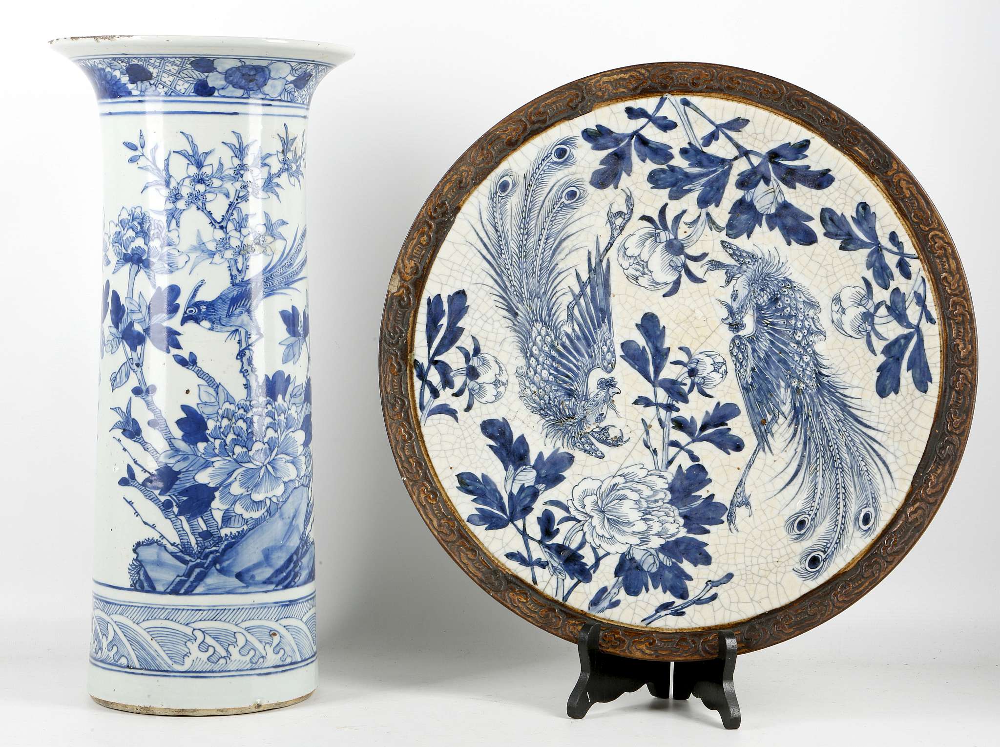 A Chinese blue Gu-form vase 35cm high, together with a blue and white plate decorated with phoenix'