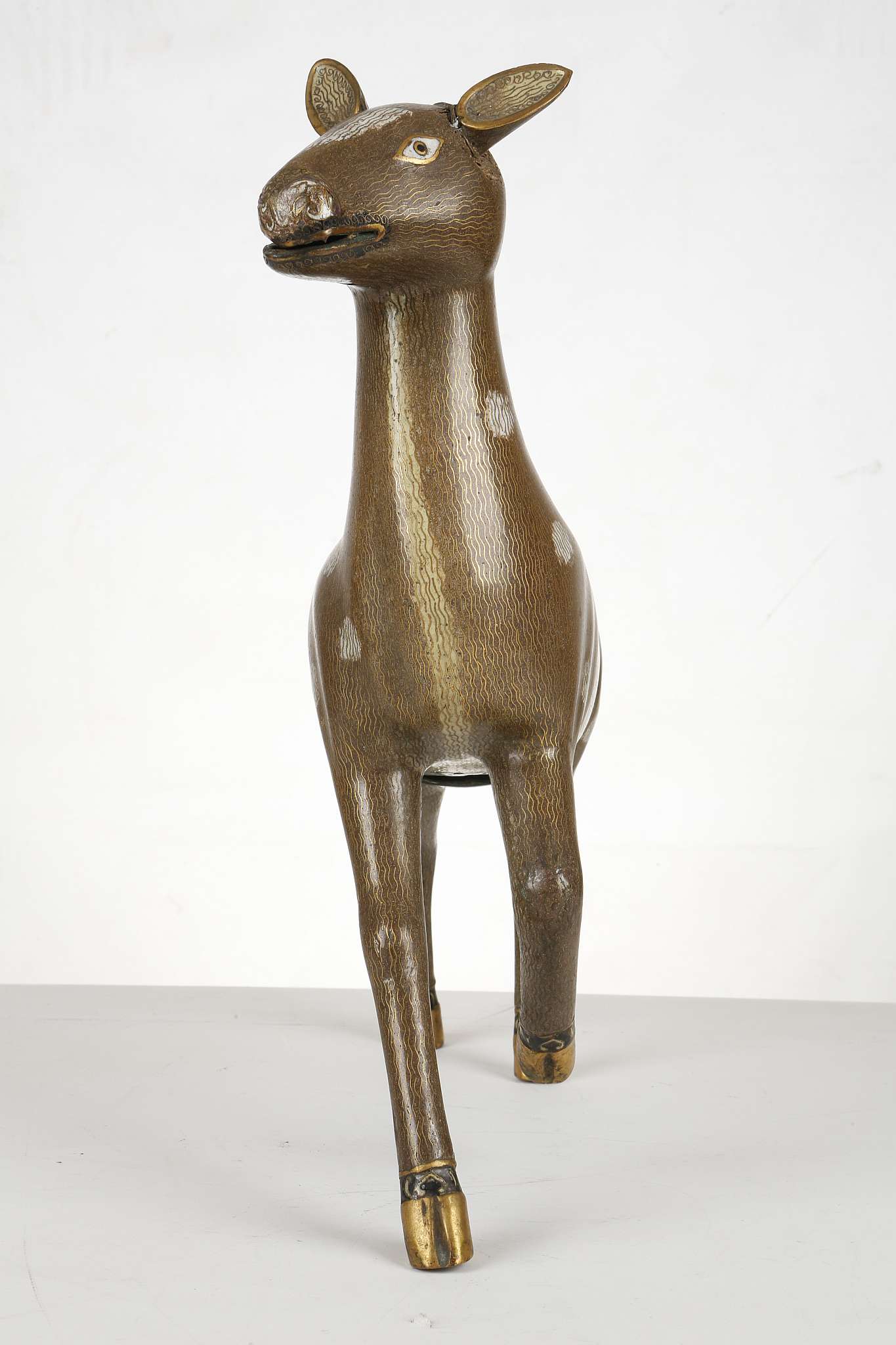 A CHINESE CLOISONNÉ ENAMEL DEER.  Qing Dynasty, second half of 18th Century.  Naturalistically - Image 5 of 7