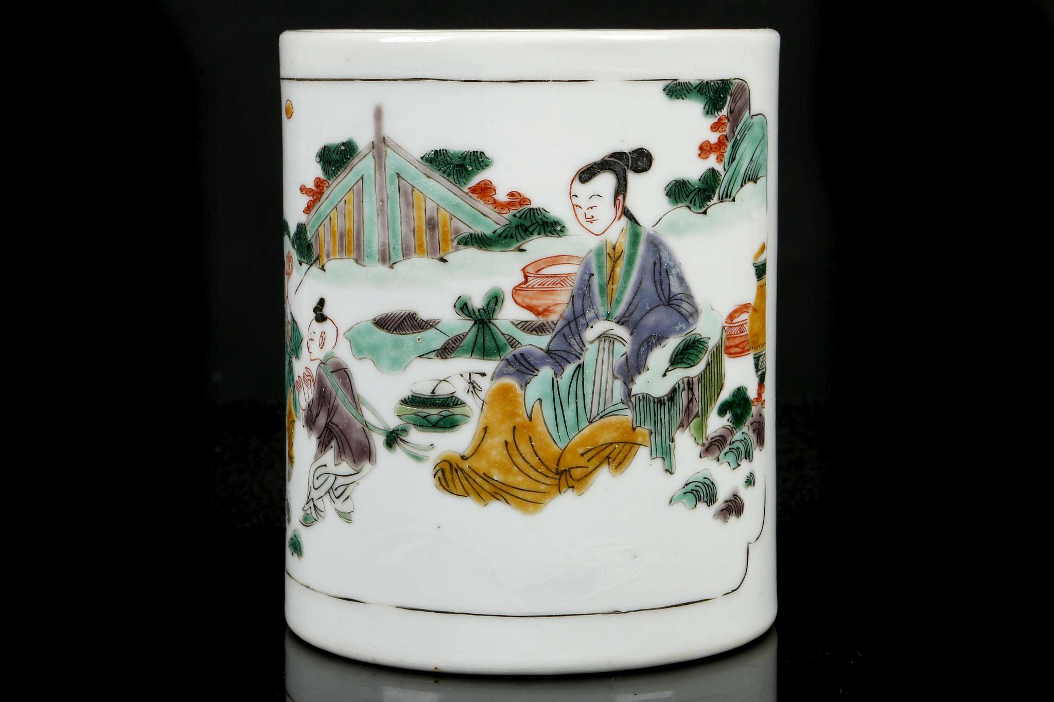 A CHINESE FAMILLE VERTE BRUSH POT.  Kangxi.  Of cylindrical section, the body is enamelled with - Image 4 of 6