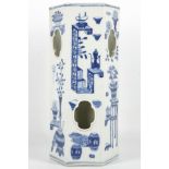A Chinese blue and white porcelain hat stand, late Qing 19th century, of hexagonal section with