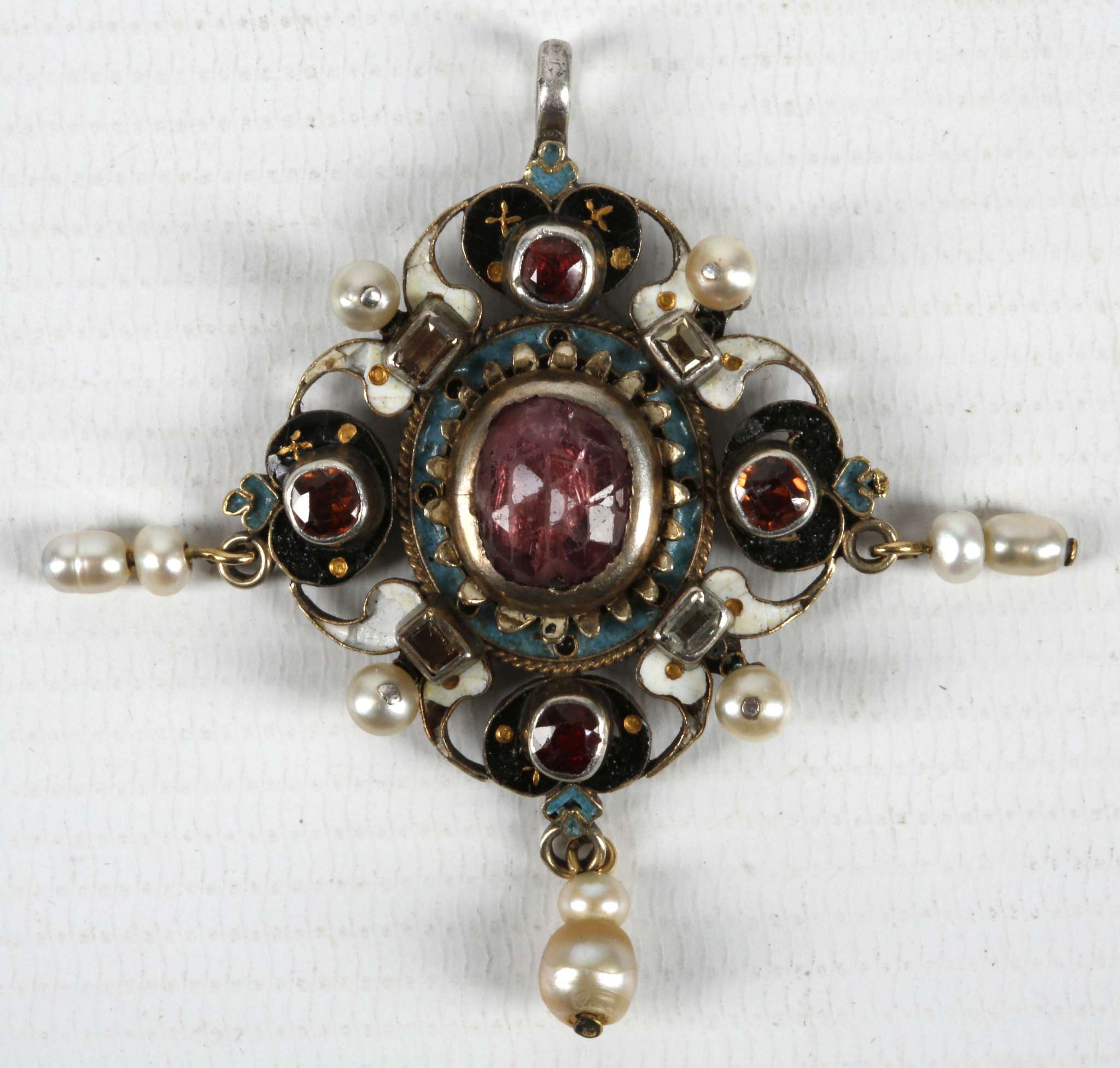 An Austo-Hungarian diamond, pearl and ruby pendant, set in silver