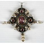 An Austo-Hungarian diamond, pearl and ruby pendant, set in silver