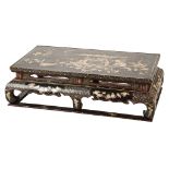 A MOTHER OF PEARL INLAID BLACK LACQUER LOW TABLE. Early Qing, late 17th Century. Inlaid all over,