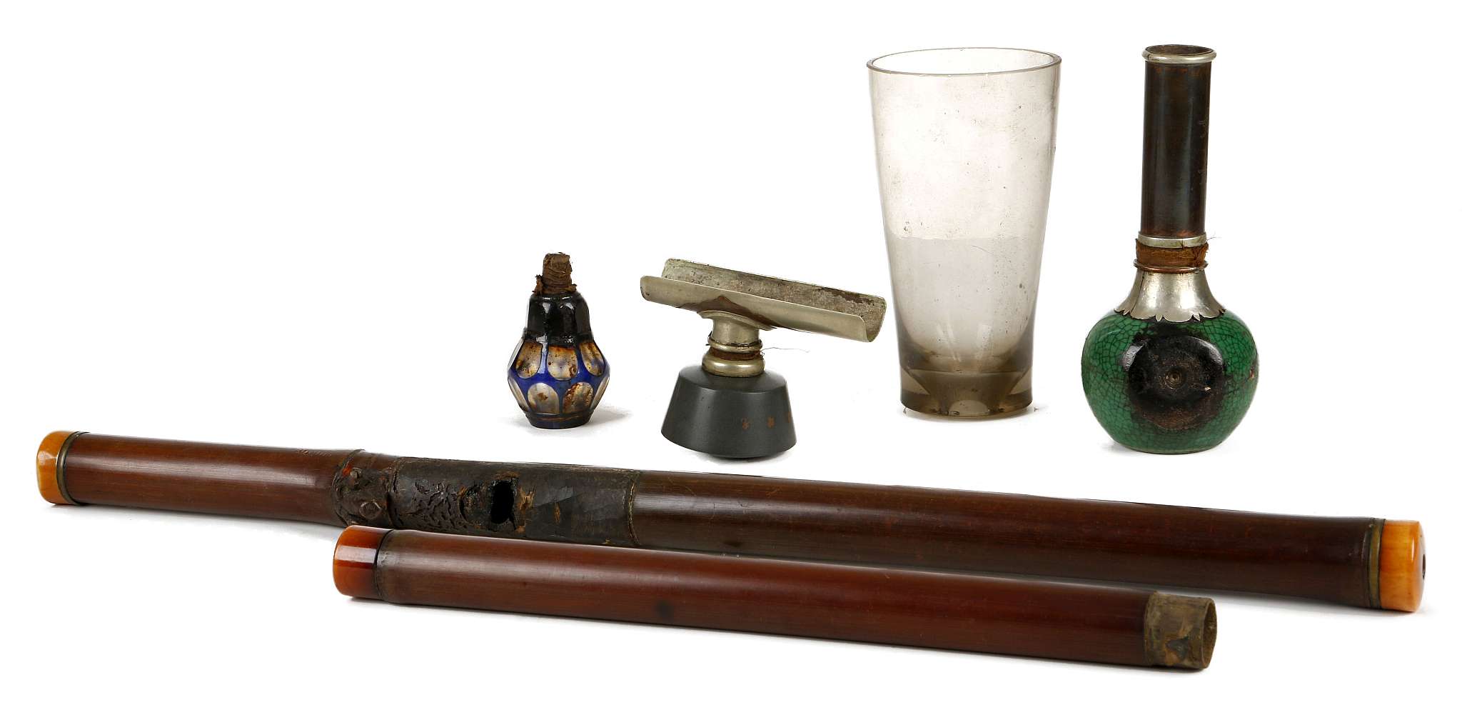 A CHINESE OPIUM PIPE TOGETHER WITH OTHER PIECES OF