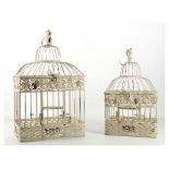 Two cream painted wirework bird cages