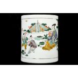 A CHINESE FAMILLE VERTE BRUSH POT.  Kangxi.  Of cylindrical section, the body is enamelled with