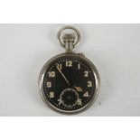 A gents pocket watch with black face and gold numerals