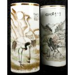TWO PORCELAIN HAT STANDS.  Republican era.  Of cylindrical form one decorated with a pair of cranes,