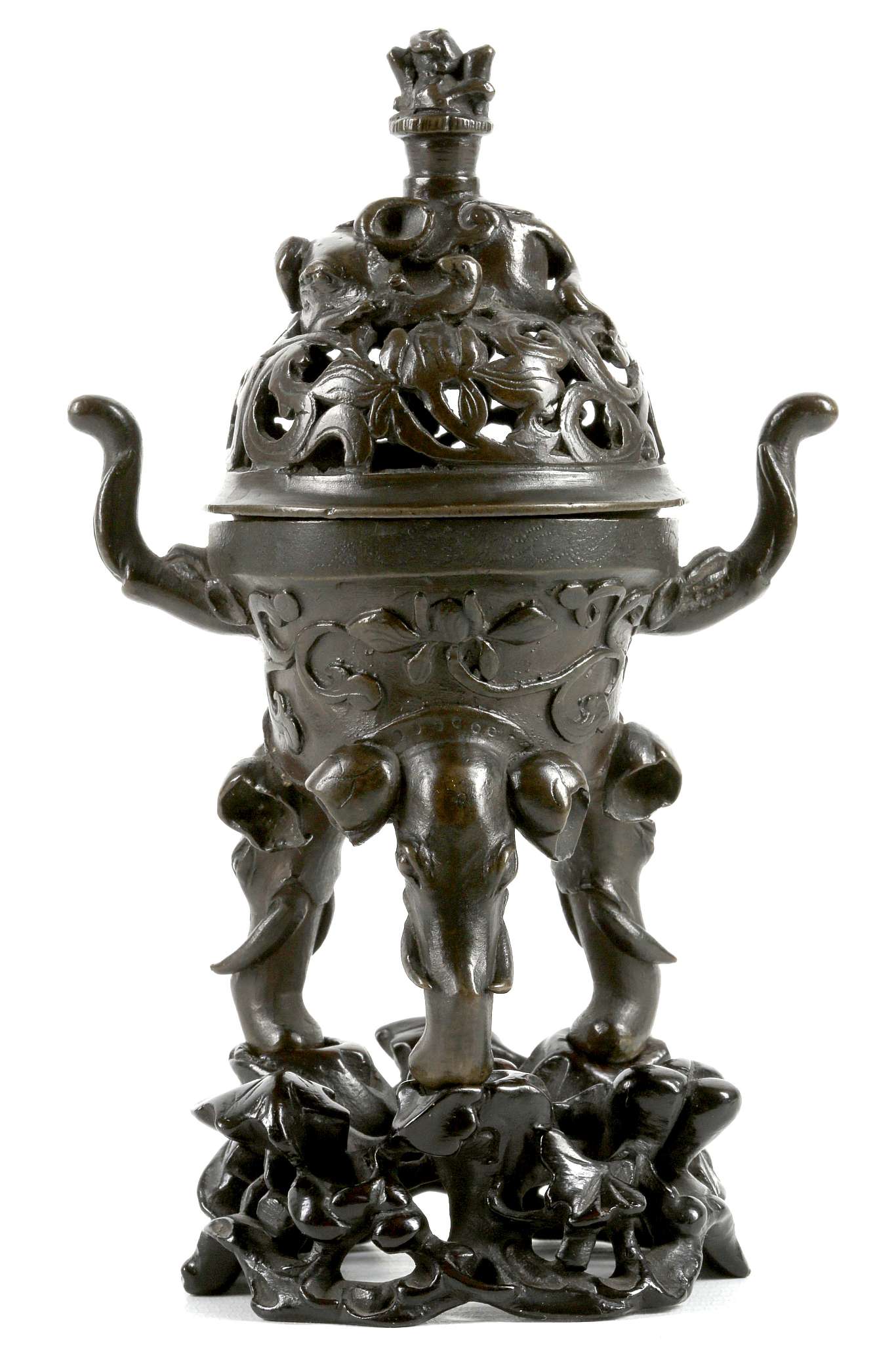 A CHINESE BRONZE ELEPHANT CENSER AND COVER.  Qing, 18th Century.  Cast with a pair of handles shaped