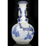 A JAPANESE BLUE AND WHITE VASE. Late Meiji. Of pear-shaped form, decorated with a landscape scene,