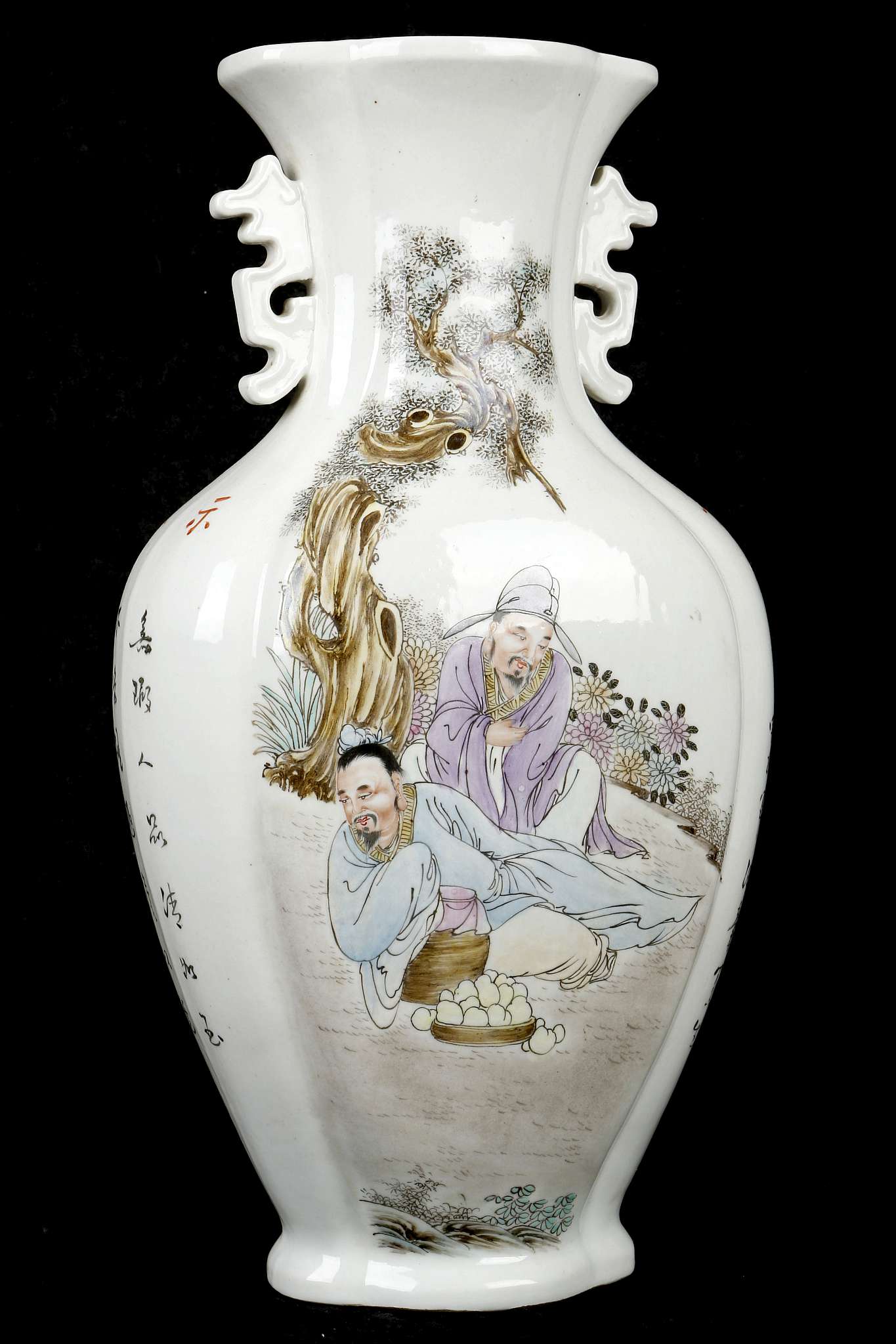A CHINESE DOUBLE EARED VASE.  Republican era.  Of compressed lobed form, with two scenes of scholars