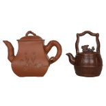 TWO YIXING TEAPOTS.  20th Century.  One with a loop handle formed as a barrel incised with wood-