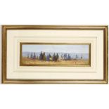 A winter sun beach scene with figures, oil, 12 x 42.5cm