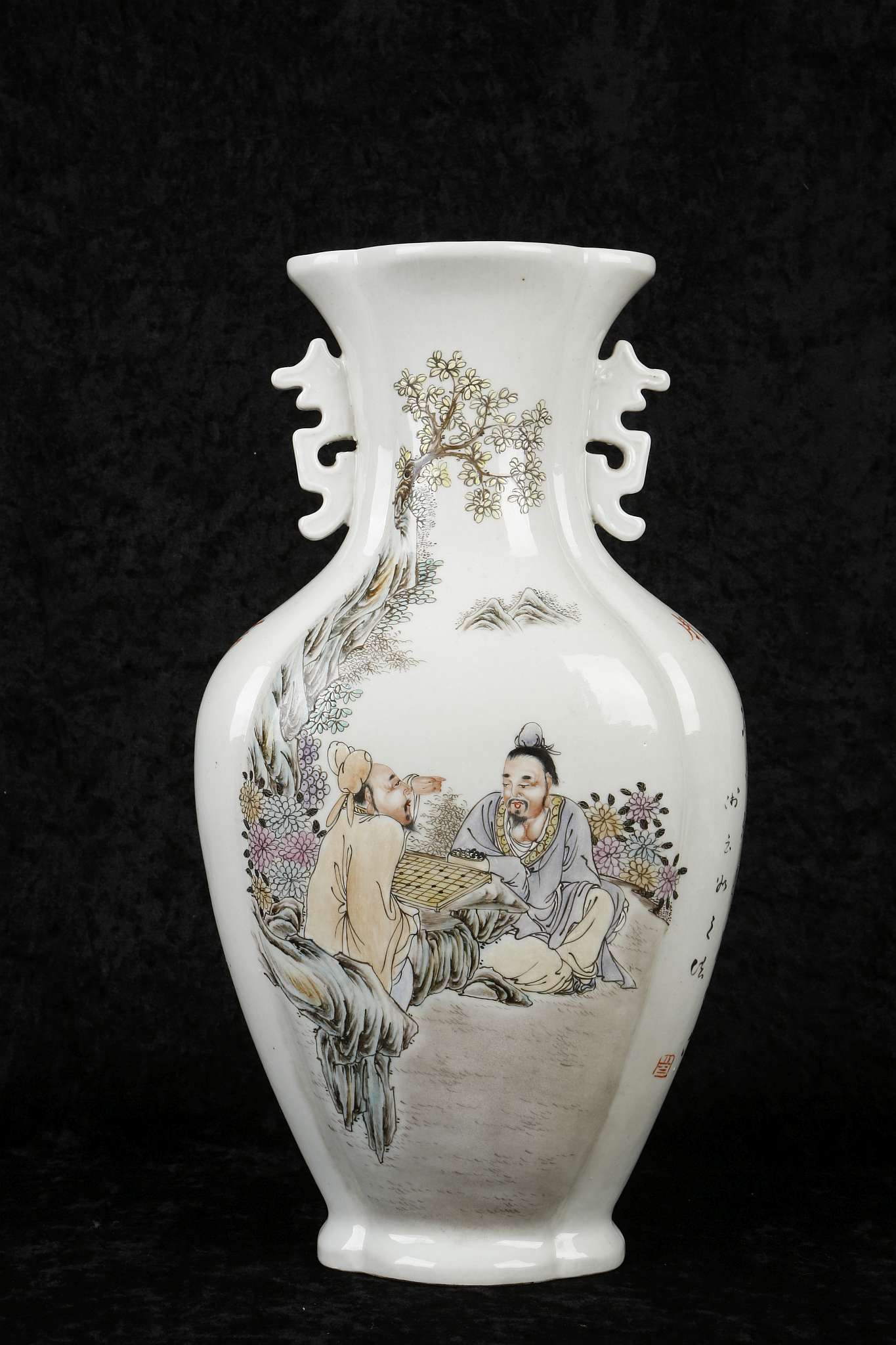 A CHINESE DOUBLE EARED VASE.  Republican era.  Of compressed lobed form, with two scenes of scholars - Image 4 of 7