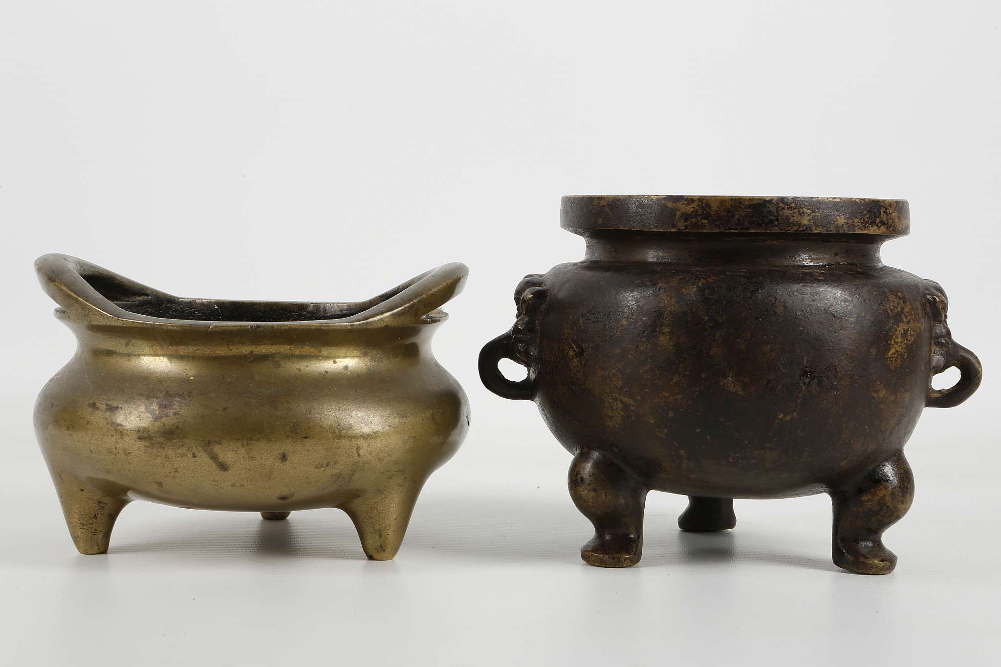 TWO CHINESE BRONZE CENSERS. Late Qing. Comprising a loop handled bronze with Xuande mark, together - Image 6 of 12