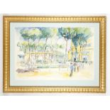 A large watercolour study of the parade paddock at a race track, circa 1938, indistinctly signed,