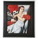 A studio framed oil painting portrait of an Art Deco lady of elegance, 60cm x 52cm