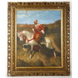 A pierced gilt framed oil painting of a North African tribesman on horseback, 55cm x 45cm