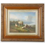 A framed oil painting study of a sheep in a pastoral landscape, 29cm x 36cm