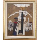 Shlomo Zafrir (1926- ), oil on canvas, abstract figures and buildings, signed, framed, 91cm x 72cm
