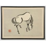 Two mid 20th century Oriental horse prints, signed and with a red stamp, 35.3 x 25.8cm (2)