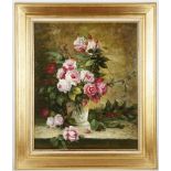An oil on canvas still life study of roses in a vase, indistinctly signed, in a gilt frame, 60cm x