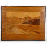 A set of three circa 1930's veneer marquetry pictures depicting 'The Peaks of Glencoe', '