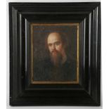 An ebonised framed oil painting portrait of Dante Gabriel Rosetti, 22cm x 17.5cm