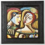 A studio framed modern school oil painting of masquerade figures, signed