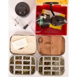 Two Wheatly metal fly boxes and contents, comprising in one box a collection of salmon flies and