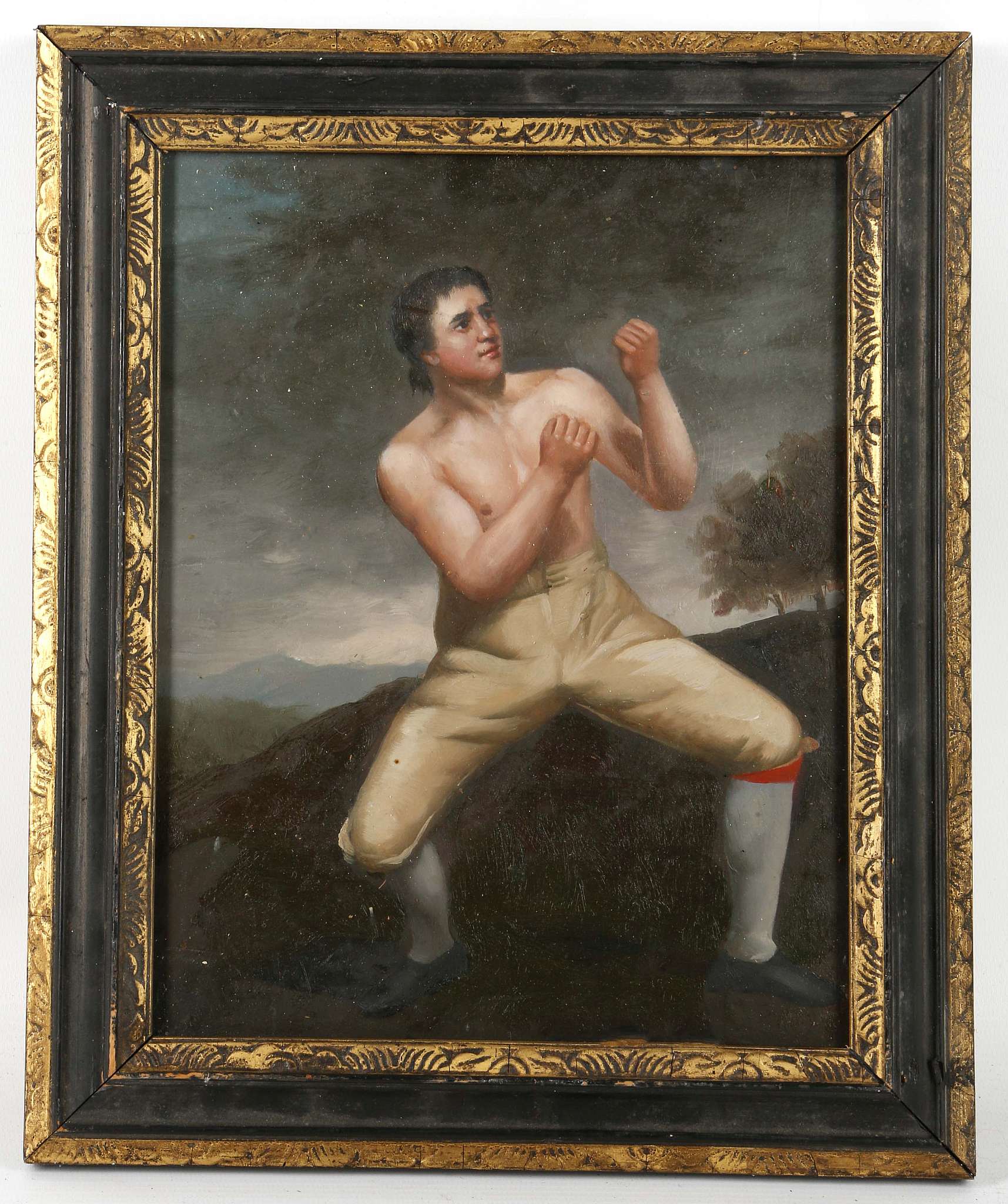 An oil on board of an early 19th Century bare fisted pugilist, 28 x 20cm