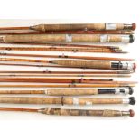 A selection of six collectable vintage rods that include a J.S. Sharp split cane three peice fly rod