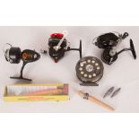 A small selection of vintage fishing equipment comprising a Mitchell 308 fixed spool spinning