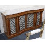 A 19th century walnut marble topped credenza, with two frieze drawers over gilt metal lattice work