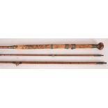 A Hardy Bros. antique three piece 'Green Hart' lough boat rod with brass panels and porcelain
