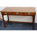 A campaign style hall desk, yew frame, brown leather gilt tooled insert, brass trim and inset