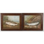 A pair of English provincial style oil on board, a fisherman's catch, 20 x 25cm