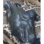A ceramic torso of a young man after the antique, three coloured perspex panels, together with