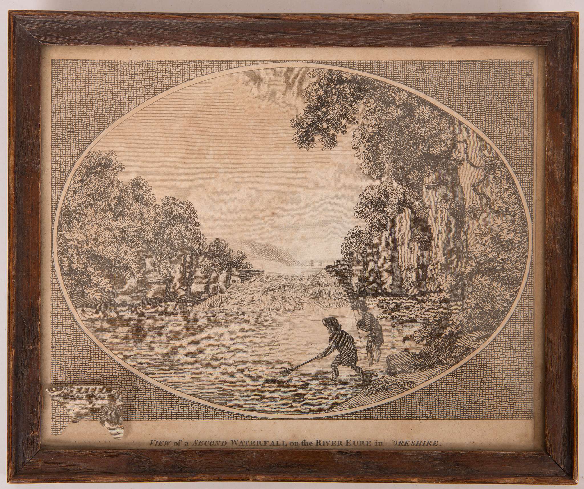 A pair of 18th century, line engravings of anglers in the pools of waterfalls on the river Eure,