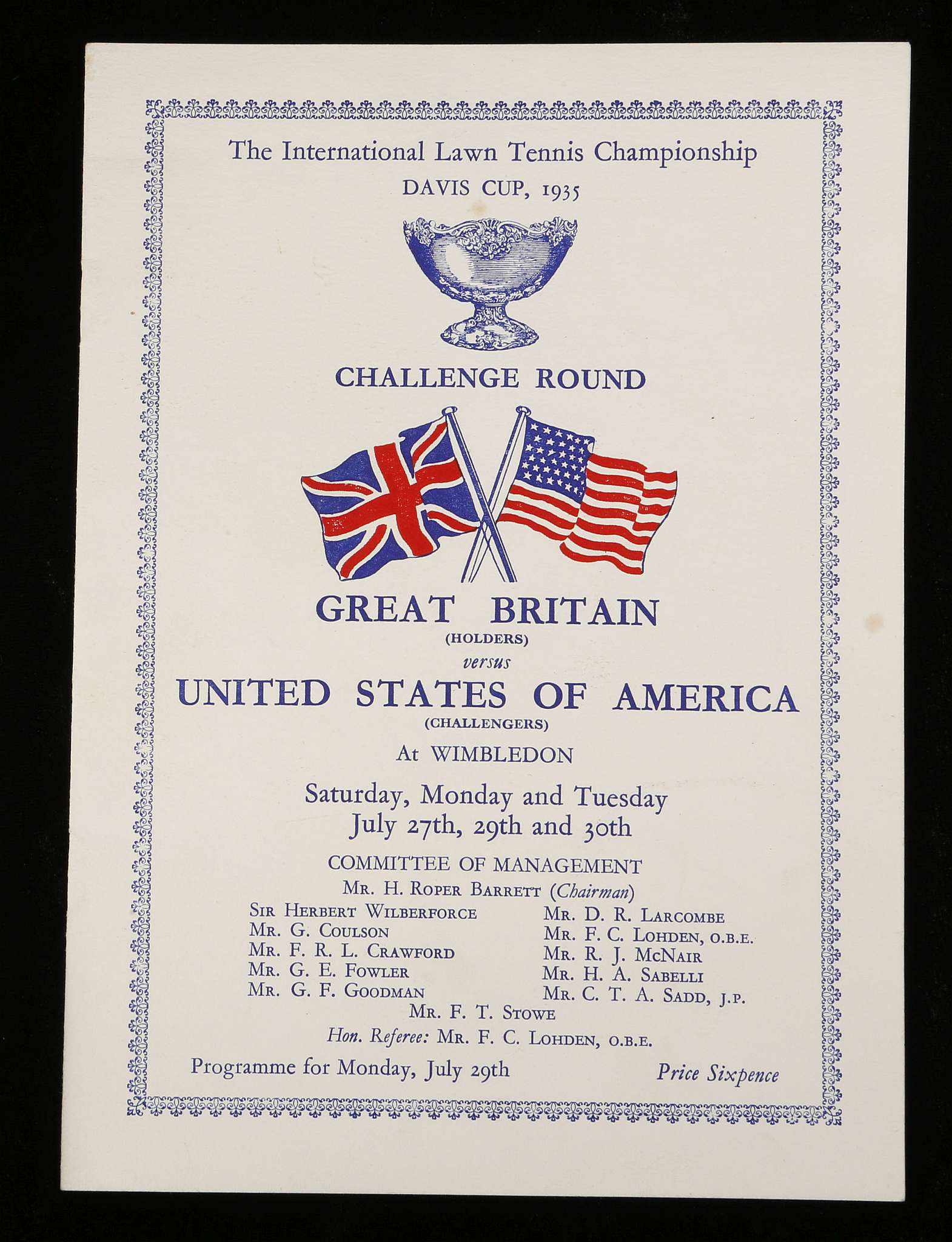 A 1935 Davis Cup programme, Great Britain v. USA, with Fred Perry playing in the challenge round