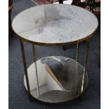 A modern brass and mirrored circular top, two tiered, occasional table on square section supports,