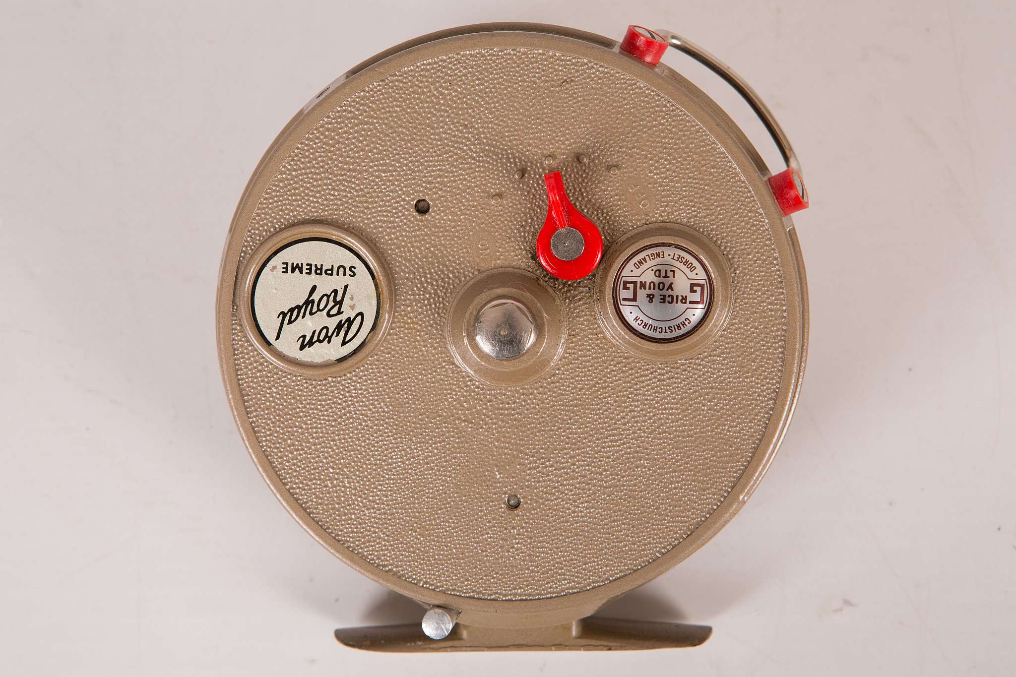 A Grice & Young Ltd, 'Avon Royal Supreme' 4½" ventilated centre pin, long trotting reel with red