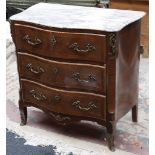 A French style marble top serpentine chest of drawers, 3 drawers with brass handles, sept feet