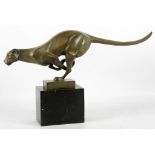 A Verdigris bronzed sculpture of a running cheetah, inscribed 'Milo', on a black marble base, 45 x