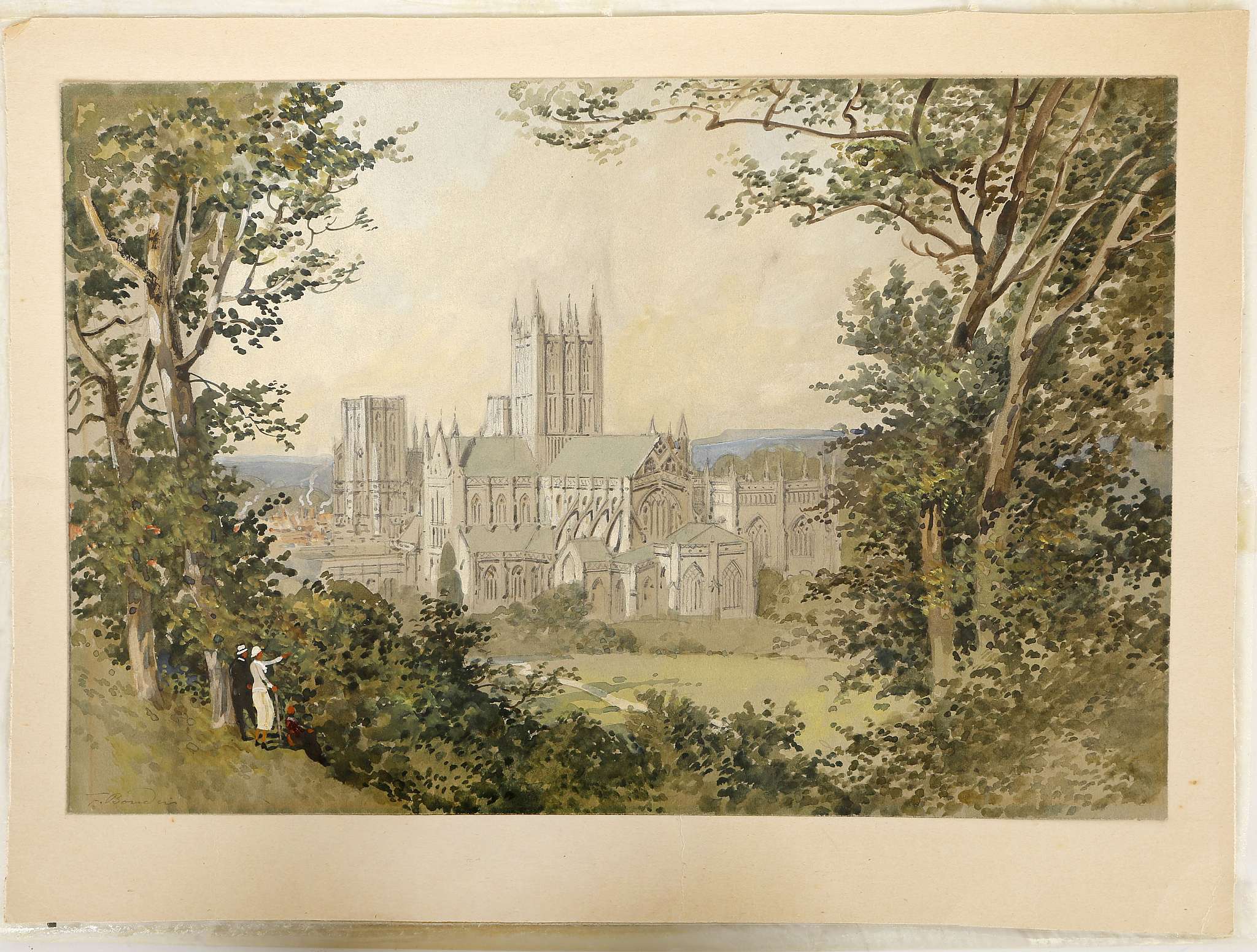 20th Century British, c.1920, 'Wells Cathedral', watercolour and gouache, signed indistinctly