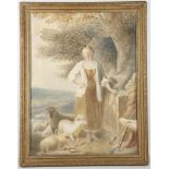 English School, 19th Century watercolour, shepherdess with flock, framed, 62 x 47cm