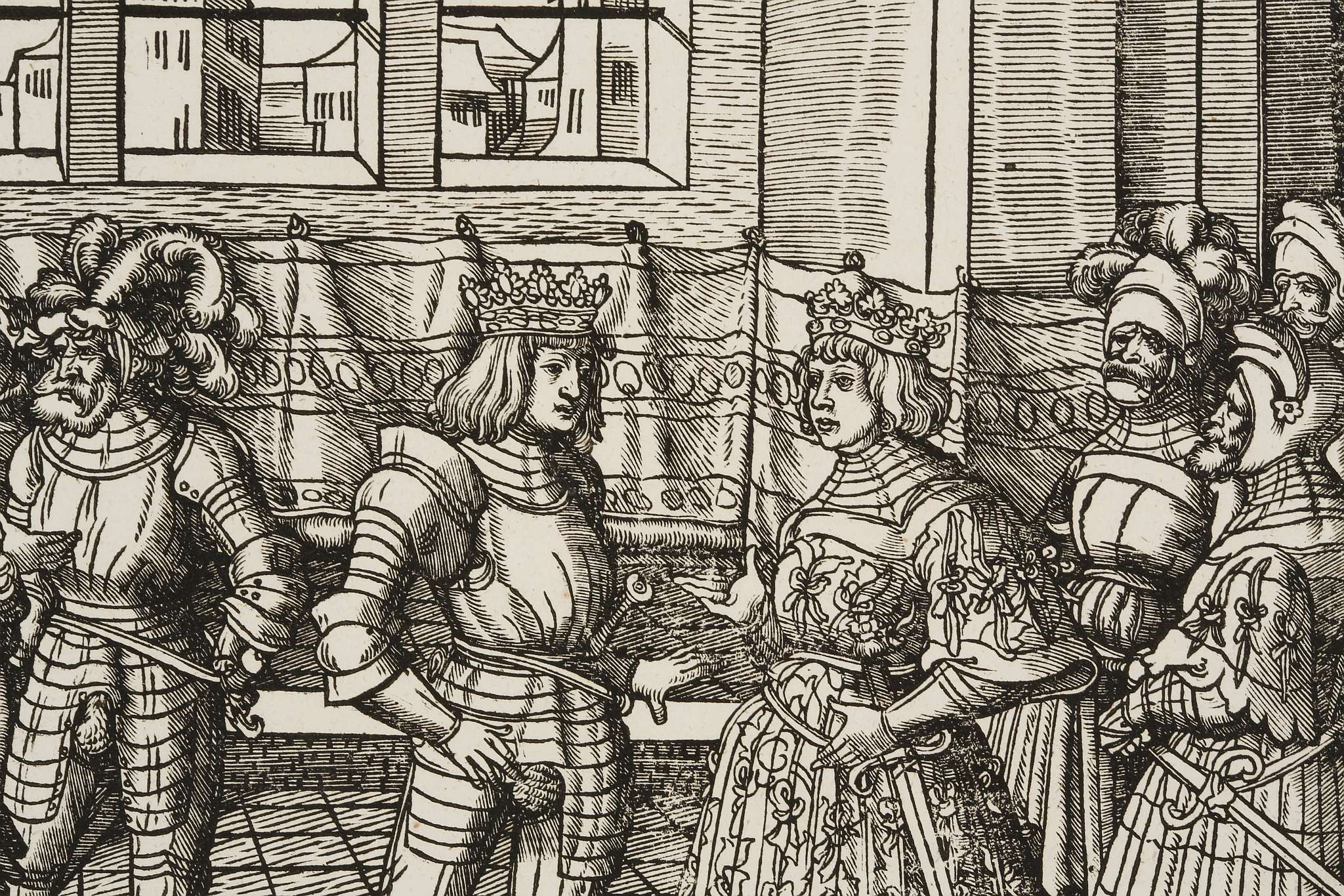 Maximilliam meeting Henry VIII at Tournai, original woodcut form the 'Weisskonig', Pl 204 from the - Image 4 of 7