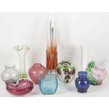 A collection of decorative coloured glassware, various vases etc (10)