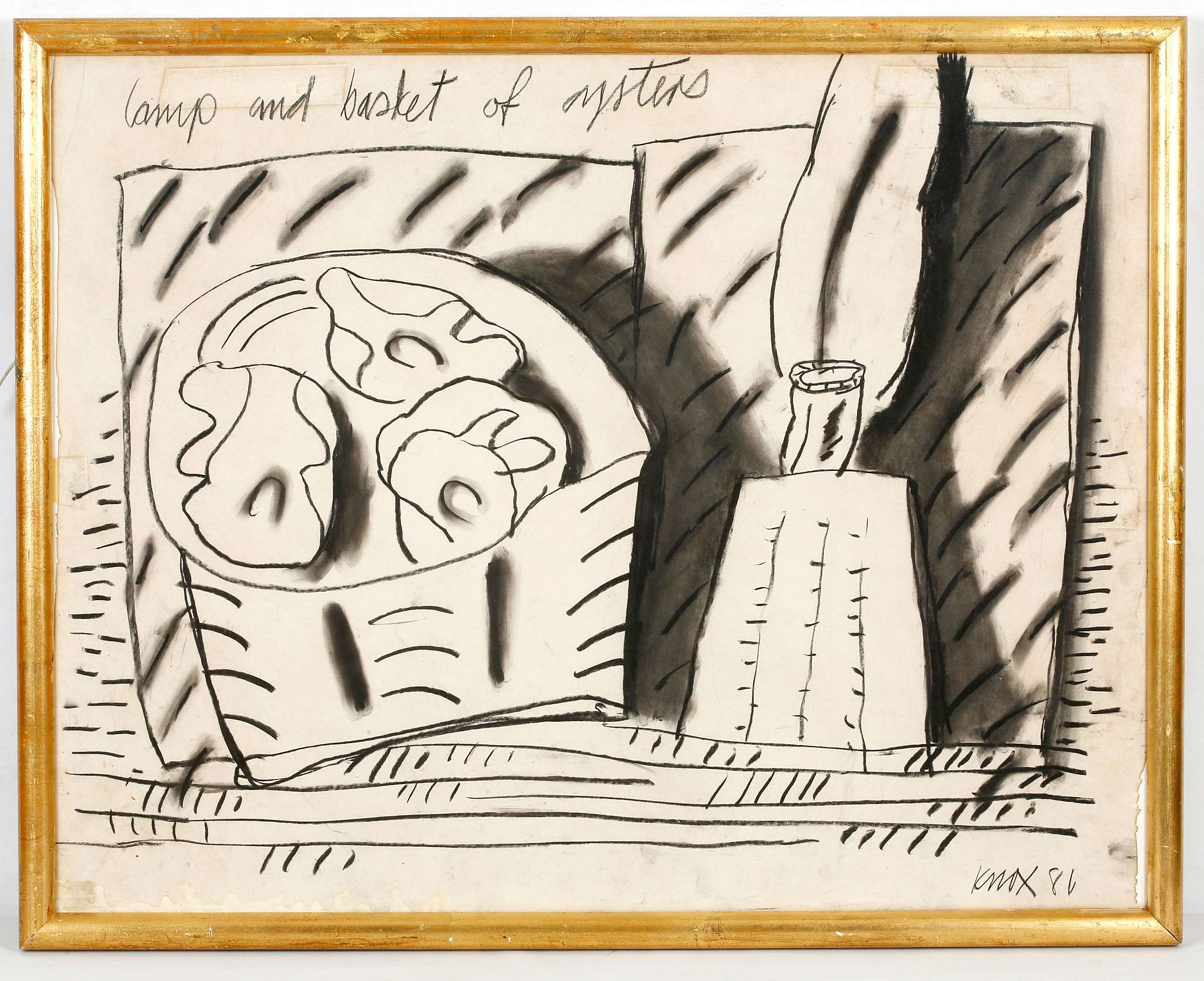 Jack (John) Knox 1936-2015, Scottish School, 'Lamp & Basket of Oysters', charcoal, inscribed, and